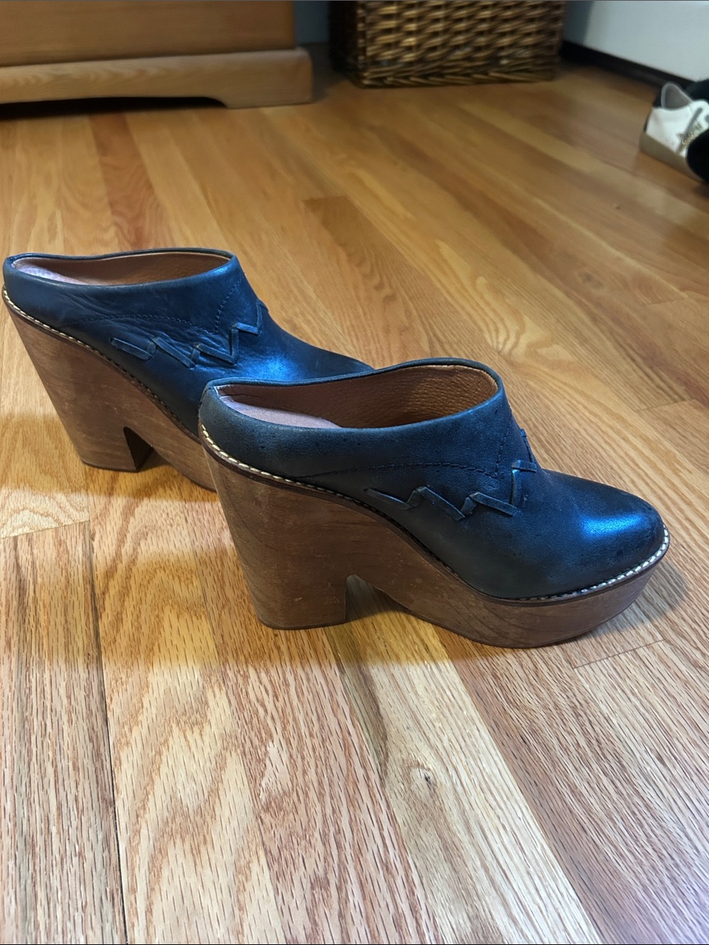 Free People Navy Leather Platform Clog Mules